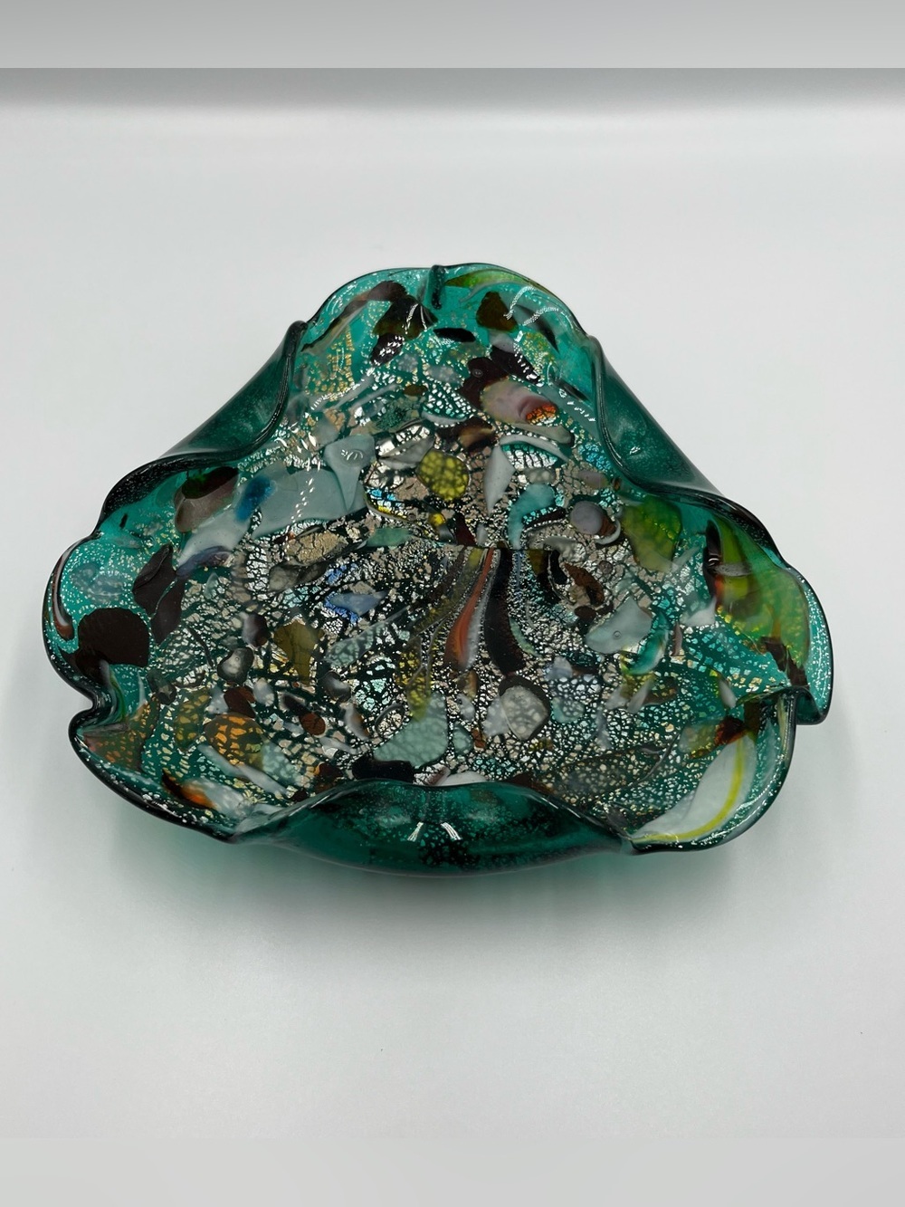 Vtg Tutti Frutti Murano 8" Italian Art Glass Bowl Green w/Gold & Silver Flakes
